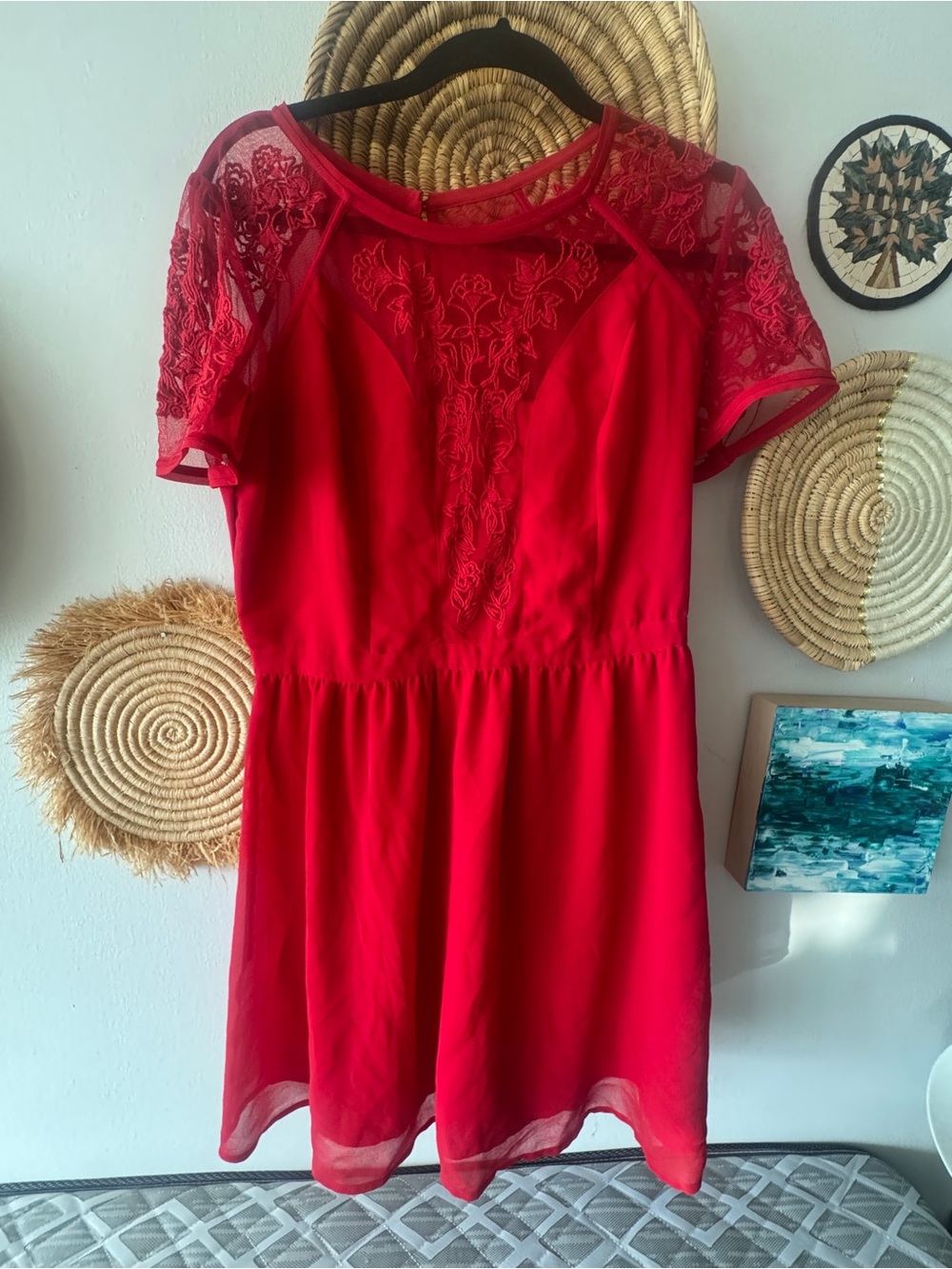 Red Lace Yoke Short Sleeve Women's Dress
